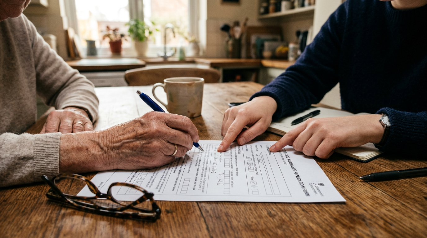 Benefits application forms and a pen on a kitchen table