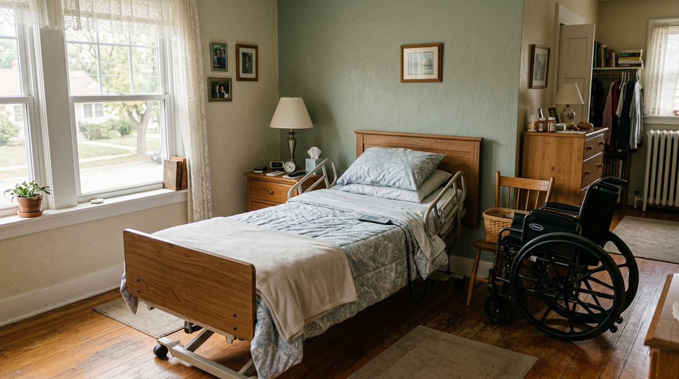 A hospital bed and wheelchair set up in a bright living room at home