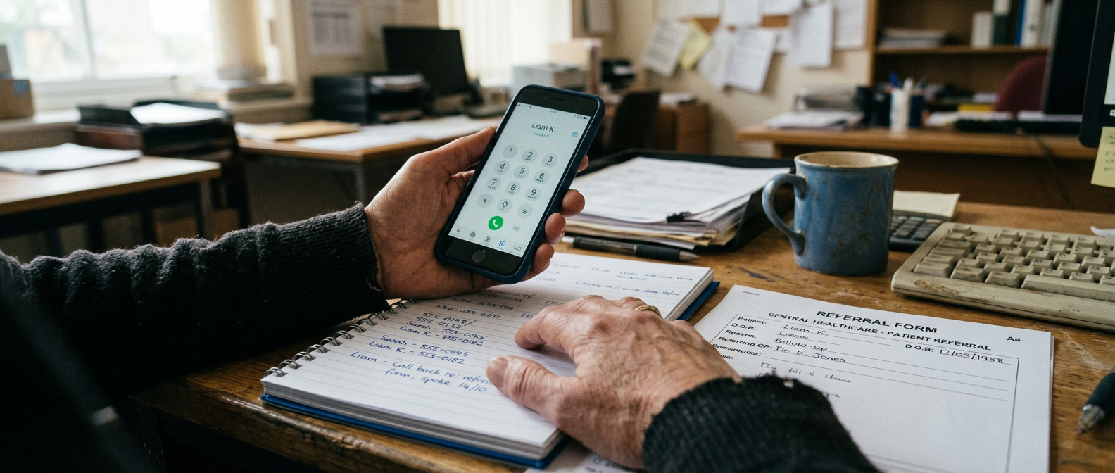 A navigator on the phone at a desk, working through a list of referral sources