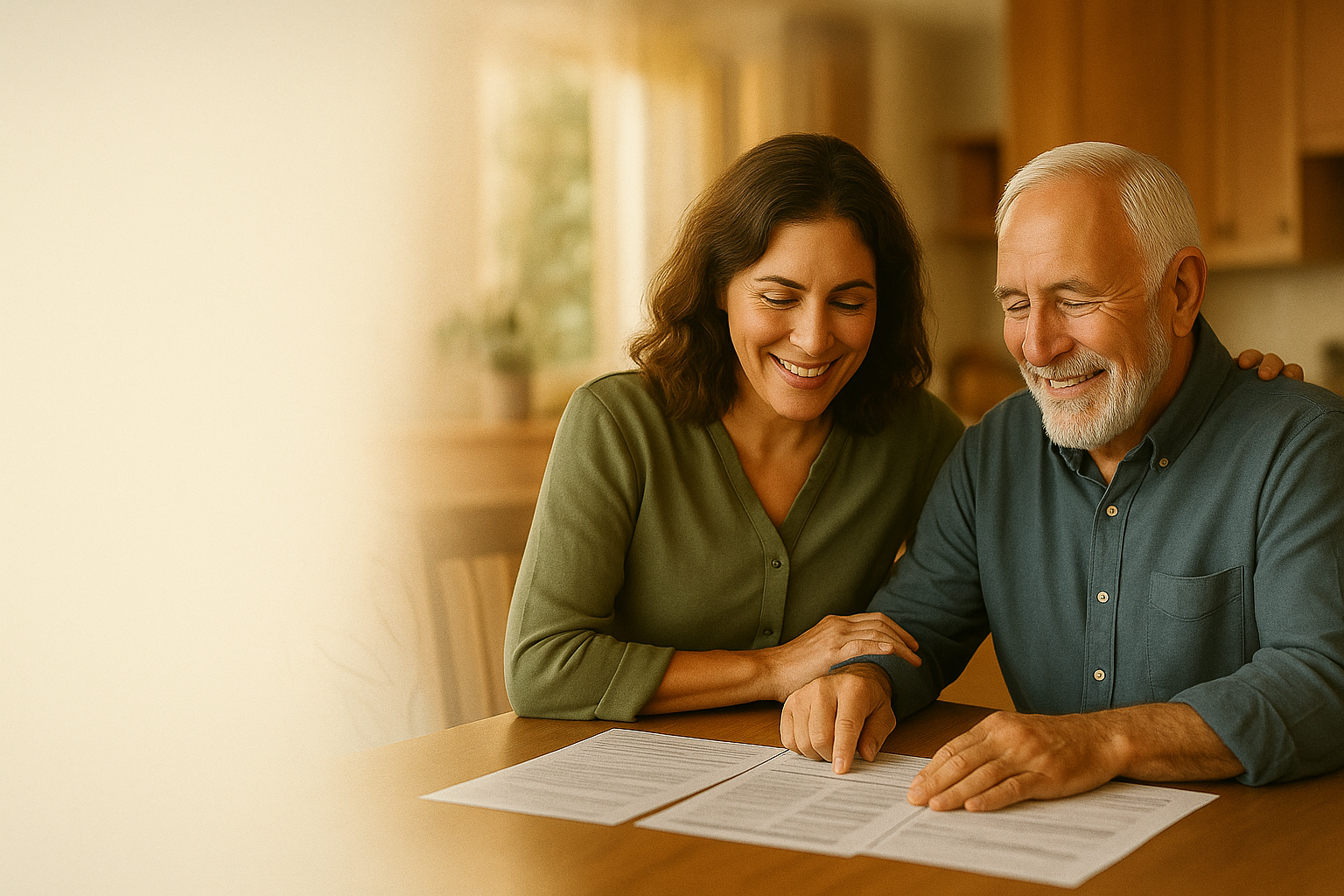 A healthcare advocate helping a senior couple review Medicare and healthcare documents at their kitchen table in a warm, comfortable home setting