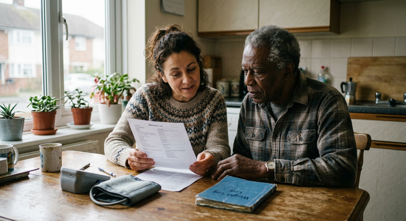 A navigator reviewing a medication list with an older man at his kitchen table